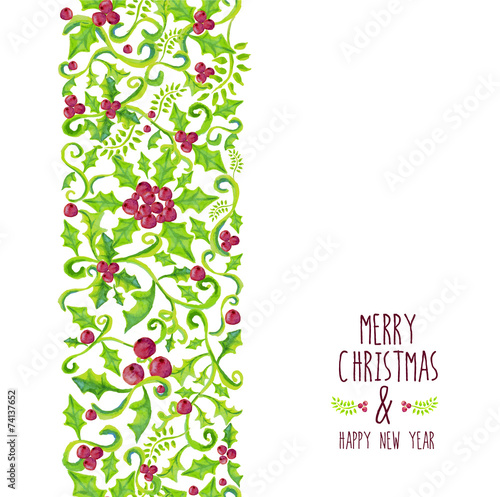 Merry Christmas watercolor holly berry pattern