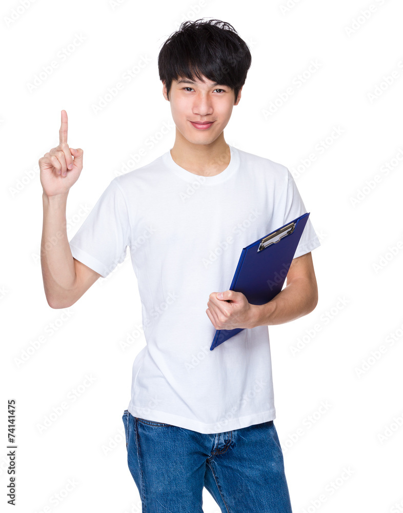 Asian Man with clipboard and finger point up Asian Man with clipboard and finger point up