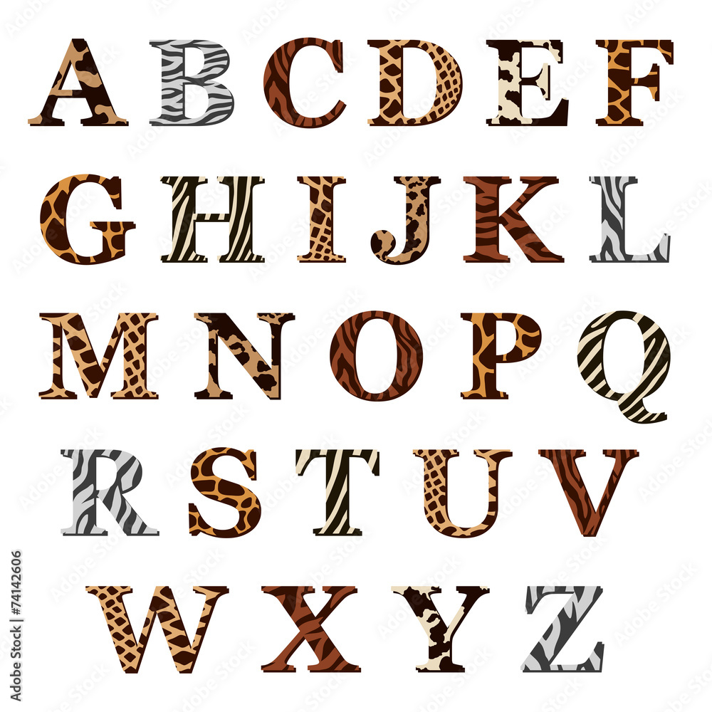 Set of alphabet letters with animal fur patterns Set of alphabet letters with animal fur patterns