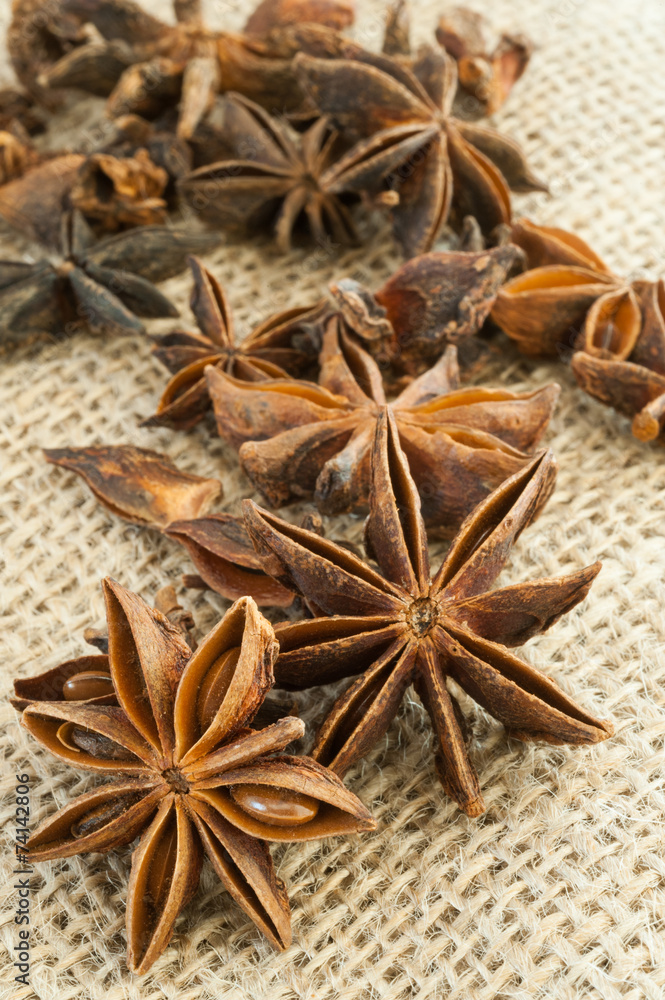 Star anise on burlap background Star anise on burlap background