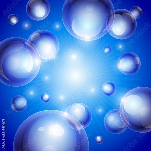 Realistic shiny transparent water drop bubbles on blue backgroun