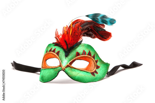Green Mardi Gras Mask with feathers on white background with bla