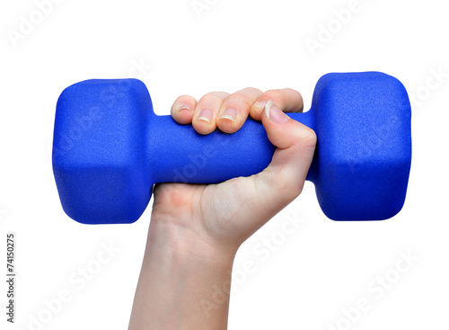 Hand holding blue fitness dumbbell