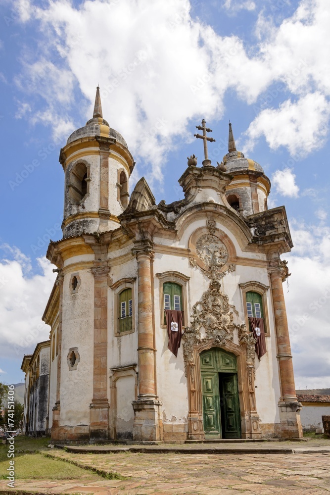 Facade of a historic church of Saint Francis of Assisi on the slopes of Ouro Preto in Minas Gerais