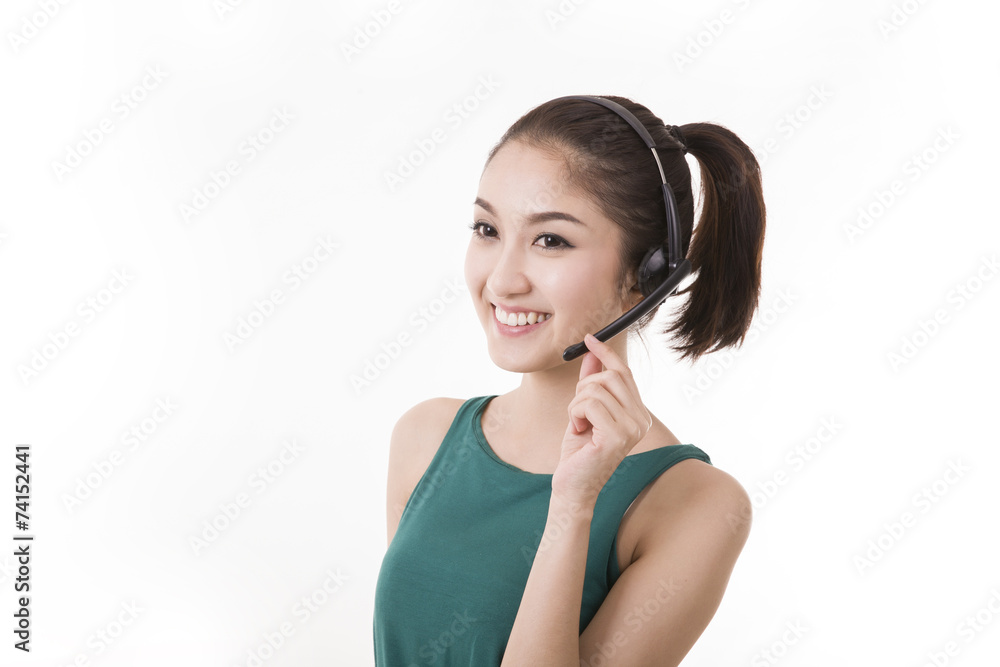 Asian women call center with phone headset with white background Asian women call center with phone headset with white background