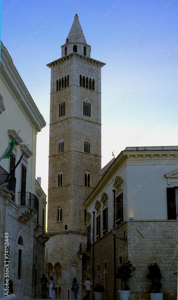The bell tower of Trani cathedral at twilight, apulia. Italy