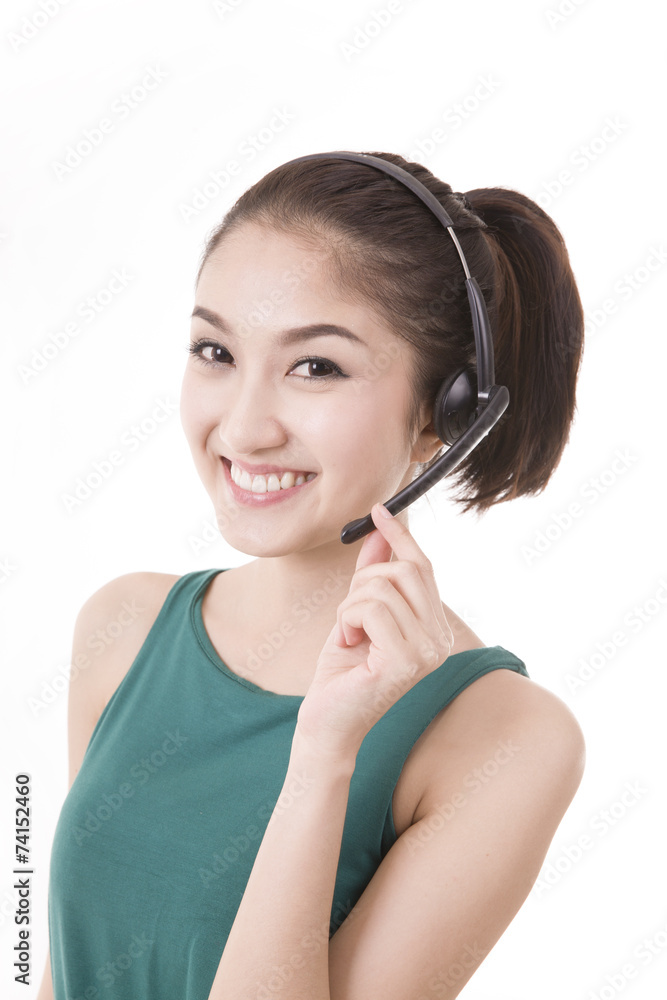 Asian women call center with phone headset with white background Asian women call center with phone headset with white background
