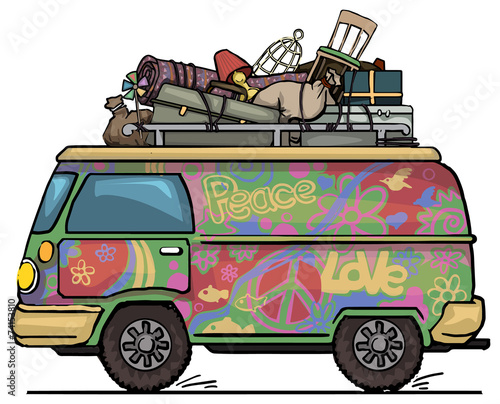 Fototapeta vintage hippie van, painted, with luggage on top