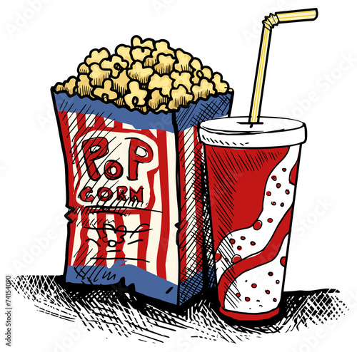 Cinema junk food, pack of pop corn and fizzy drink
