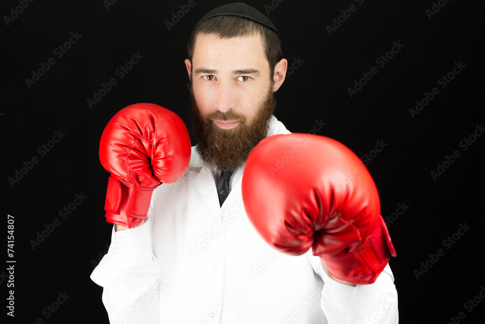 Bearded doctor wearing red boxing gloves. Bearded doctor wearing red boxing gloves.