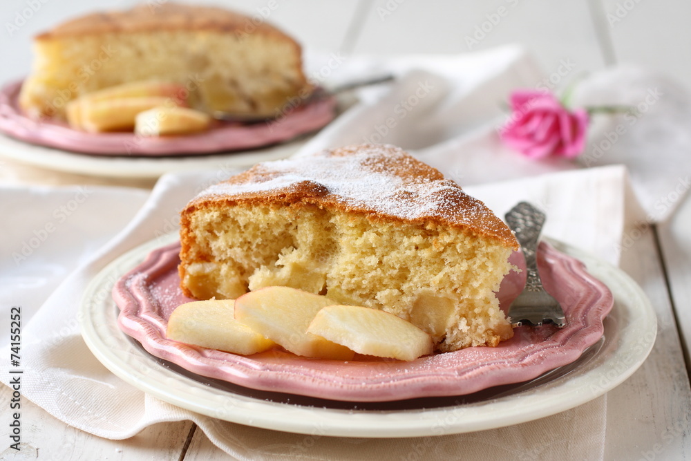 Slice of homemade apple sponge cake on pink plate Slice of homemade apple sponge cake on pink plate