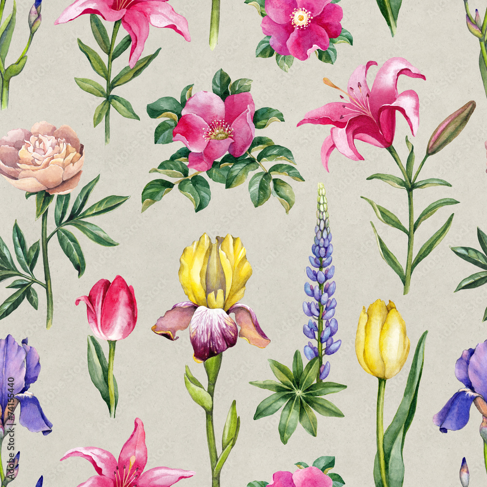 Watercolor flowers illustration. Seamless pattern wall mural wallpaper ...