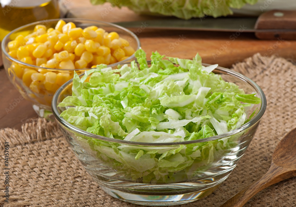 Preparation of salad from Chinese cabbage and sweet corn Preparation of salad from Chinese cabbage and sweet corn