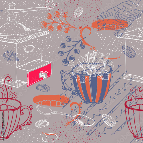 Doodle background with coffee mill, flowers and birds, seamless