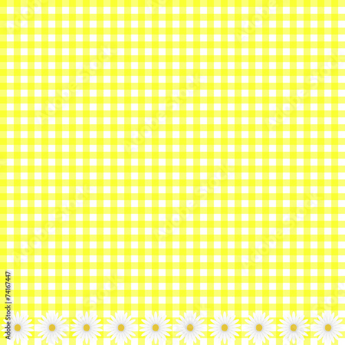 Yellow plaid background with daisy flowers, vector image