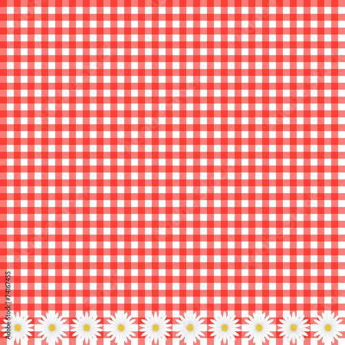Red plaid background with daisy flowers, vector image