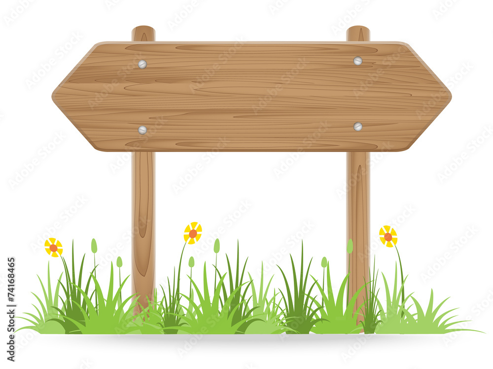Wooden signpost on grass with flower isolated on white Wooden signpost on grass with flower isolated on white