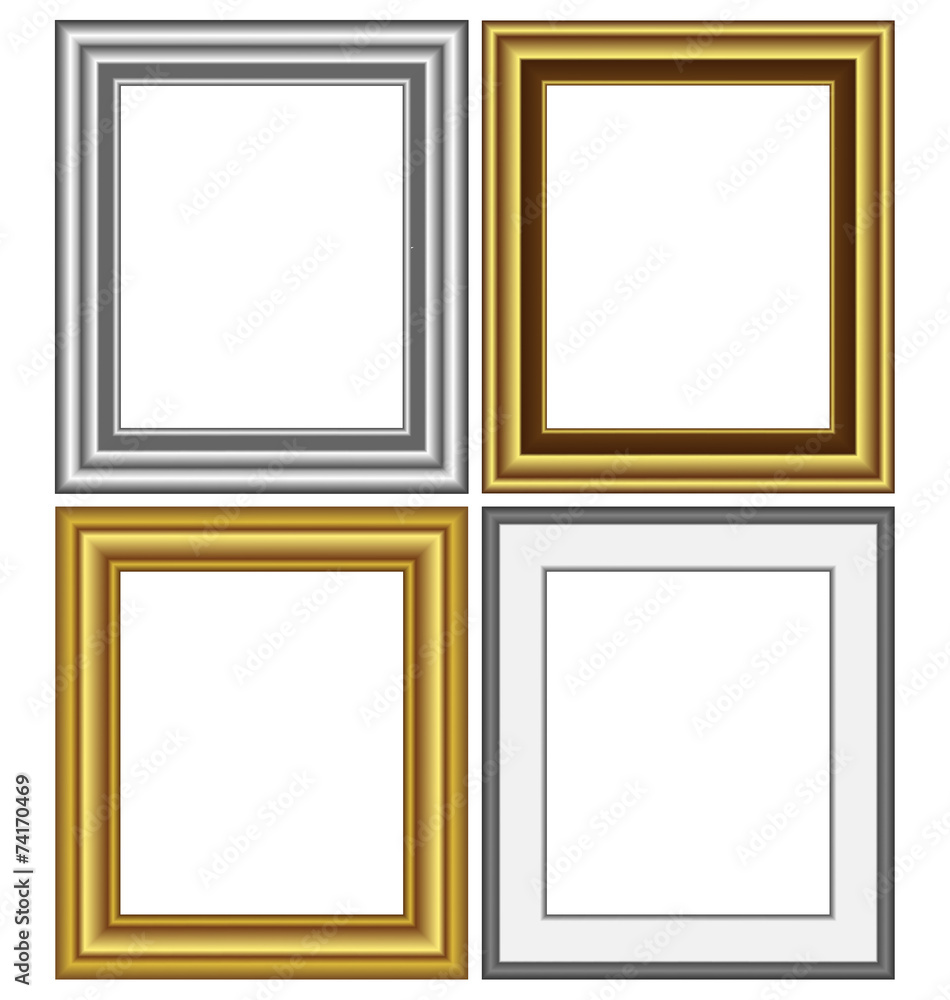 Four multicolored silver and golden frames isolated on white bac Four multicolored silver and golden frames isolated on white bac