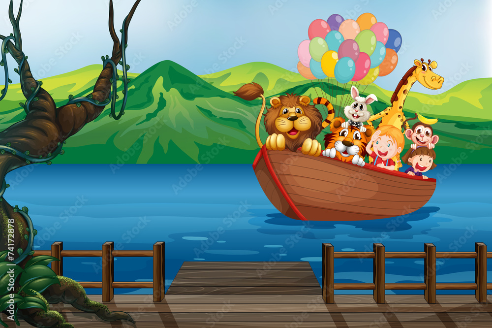 Naklejka premium A boat with animals