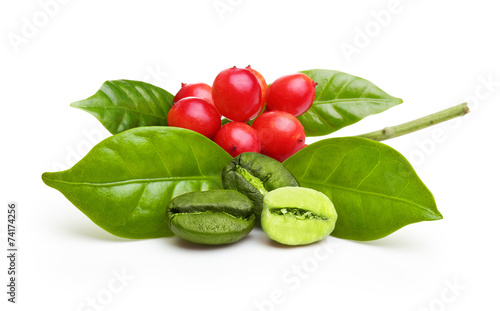 Green coffee beans with leaf