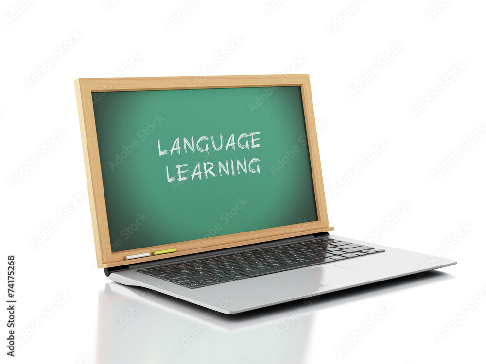 Laptop with chalkboard. language laerning concept. 3d illustrati Laptop with chalkboard. language laerning concept. 3d illustrati