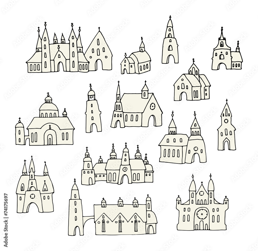 Cartoon hand drawing churches, vector