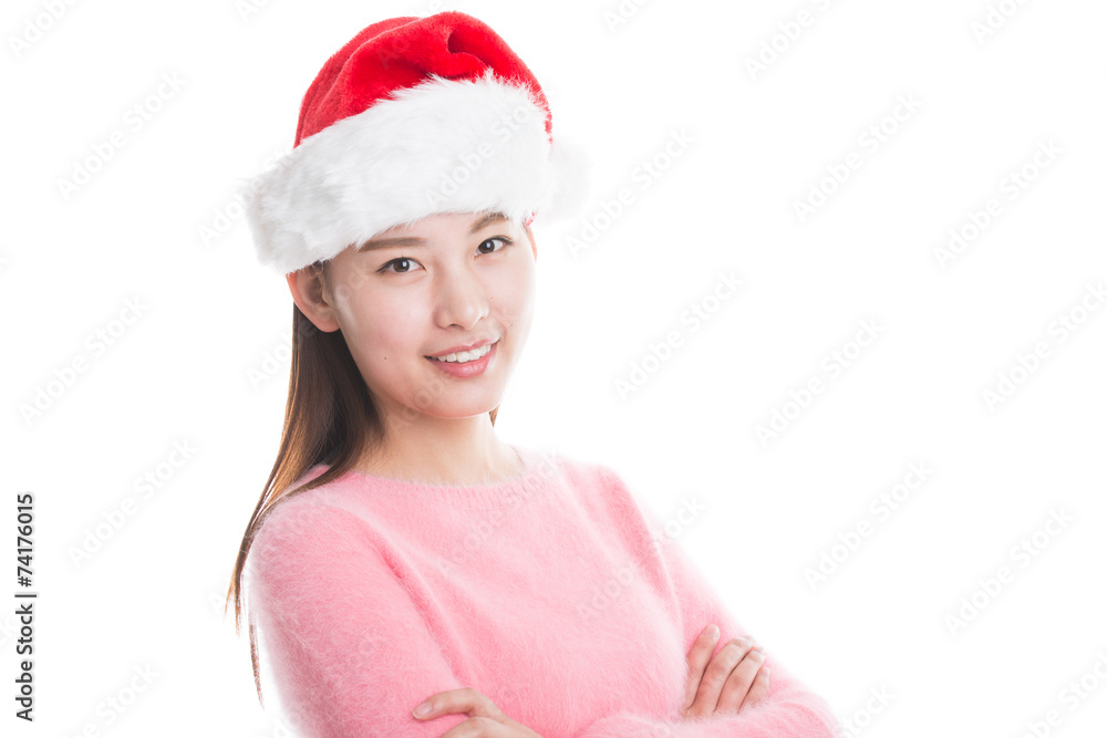 Young asian woman with Christmas hat isolated on white. Young asian woman with Christmas hat isolated on white.