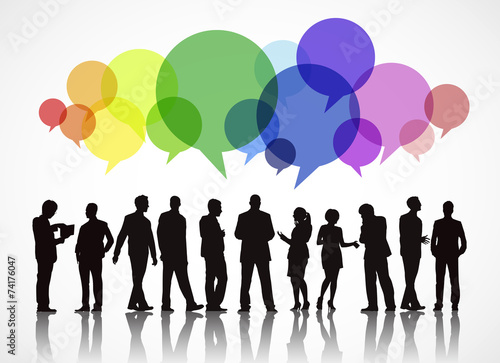 Silhouettes of Business People Working and Speech Bubble