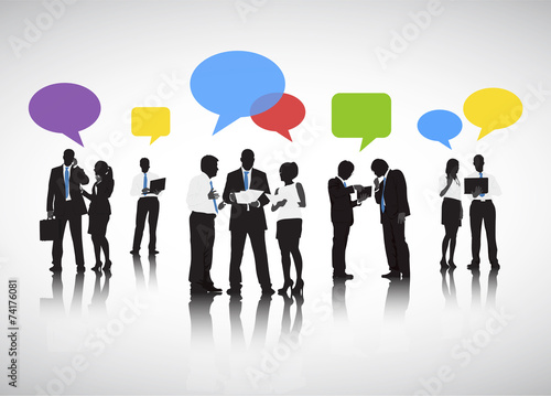 Silhouettes of Business People Working and Speech Bubble