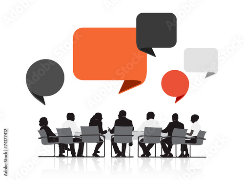 Silhouettes of Business People in a Meeting and Speech Bubbles