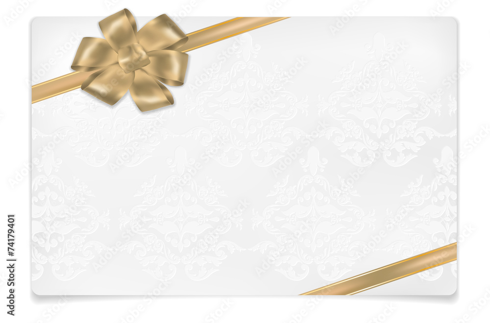 Paper card with golden bow and floral ornaments Paper card with golden bow and floral ornaments
