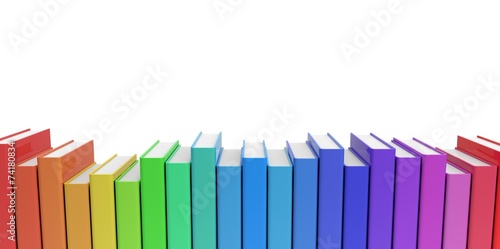 Row stack of colorful books on a plain background