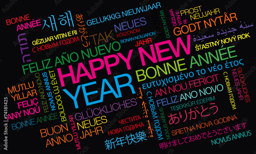 Happy New Year words text tag cloud colorful black