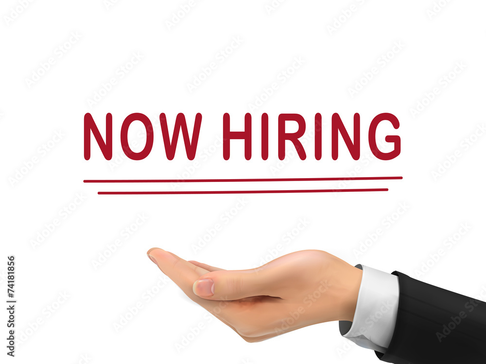 now hiring words holding by realistic hand now hiring words holding by realistic hand
