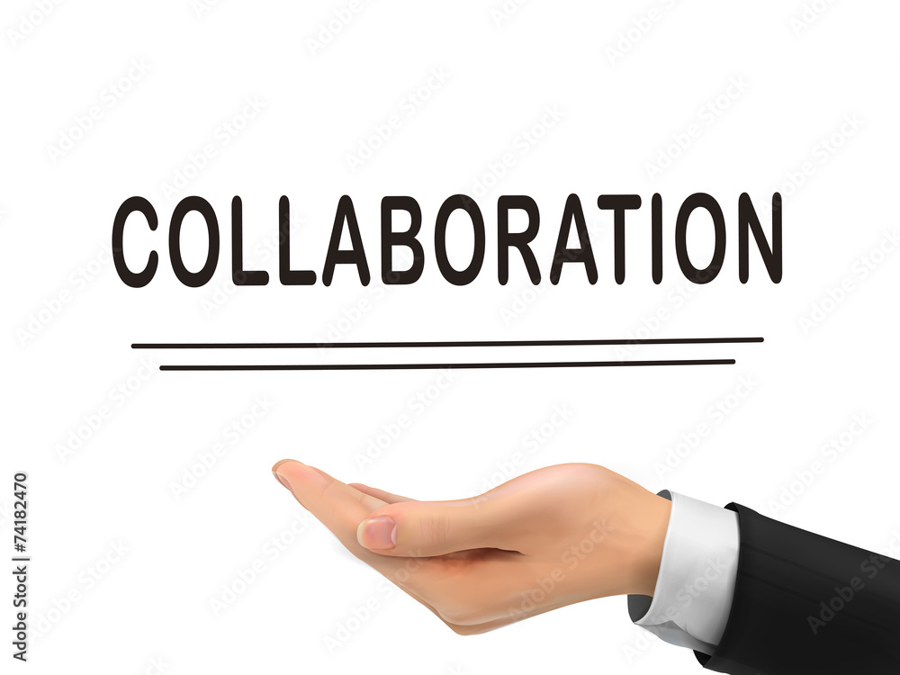 collaboration word holding by realistic hand collaboration word holding by realistic hand