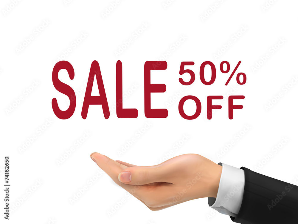 sale 50 percent off holding by realistic hand sale 50 percent off holding by realistic hand
