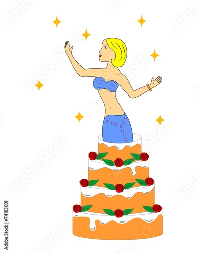 girl jumps out of cake