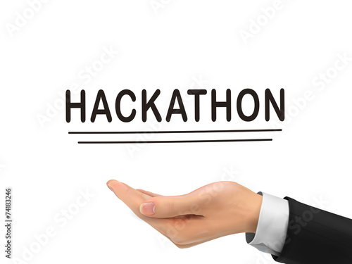 hackathon word holding by realistic hand