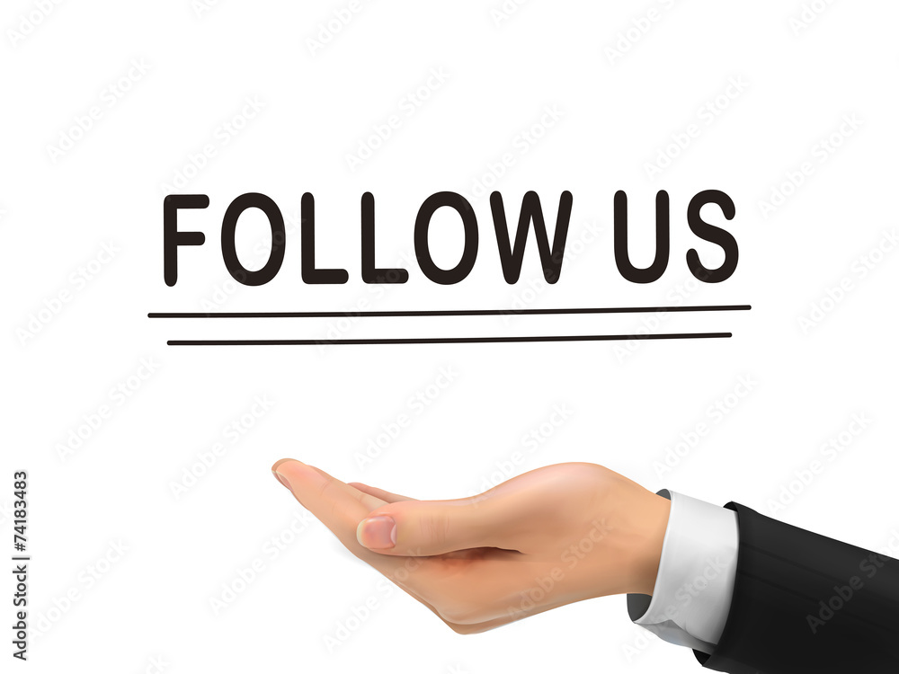 follow us words holding by realistic hand follow us words holding by realistic hand
