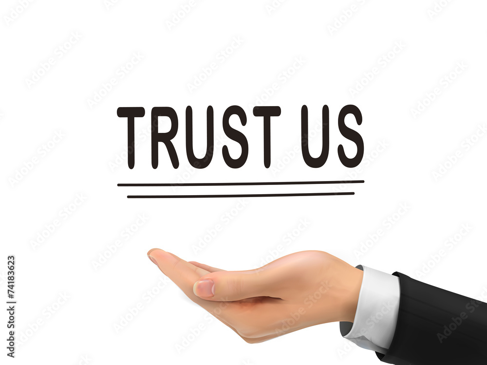 trust us words holding by realistic hand trust us words holding by realistic hand