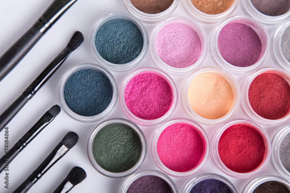 Set of bright mineral eye shadows and brushes Set of bright mineral eye shadows and brushes