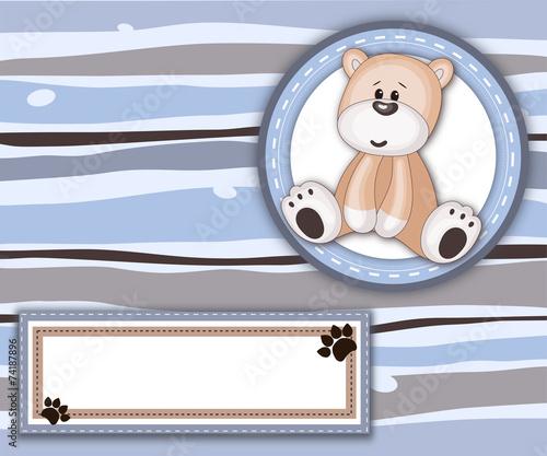 Stripey card with teddy bear label and copy space