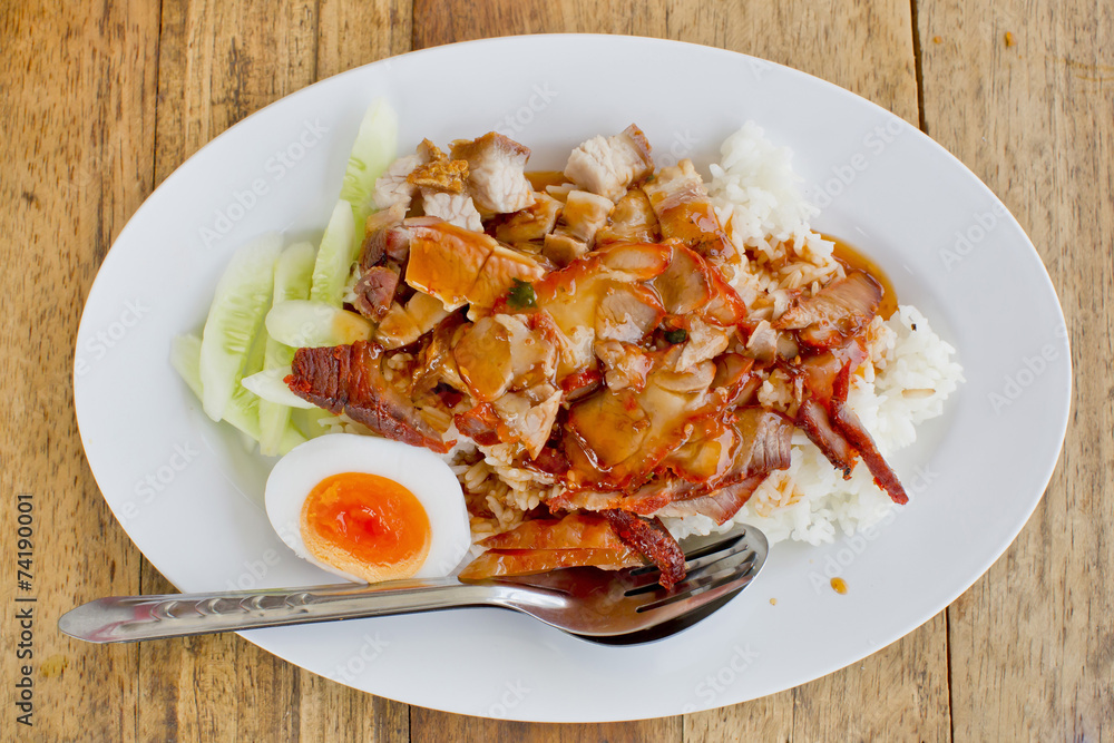 BBQ Pork and Crispy Pork over Rice with Sweet Gravy Sauce (Kao M BBQ Pork and Crispy Pork over Rice with Sweet Gravy Sauce (Kao M