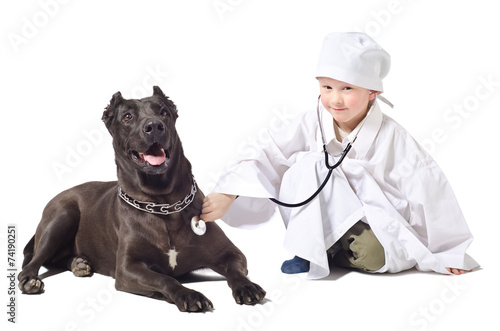 Little  vet listens to a stethoscope dog