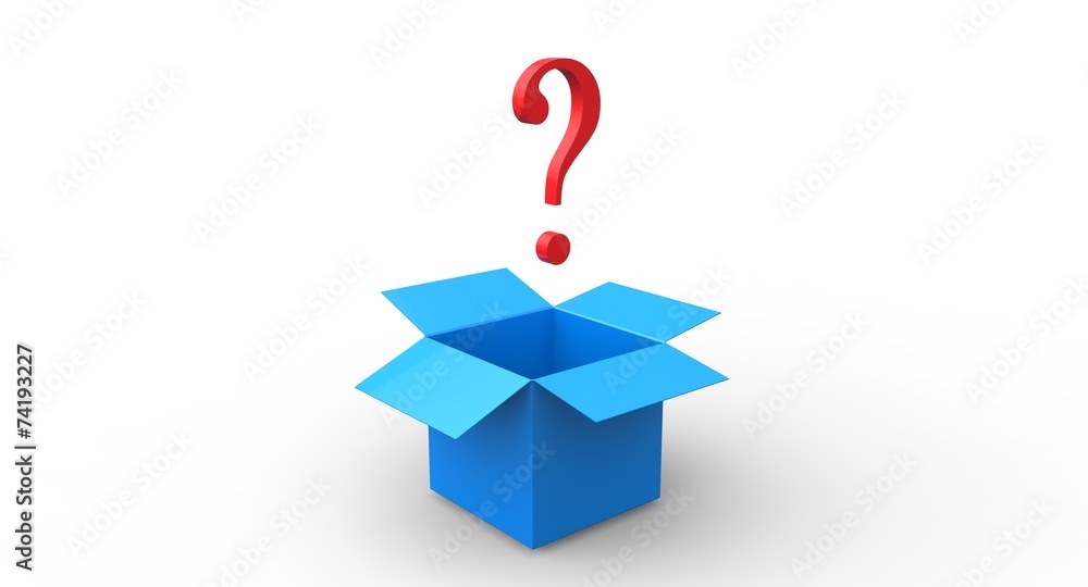 3D red exlamation question mark blue open box 3D red exlamation question mark blue open box
