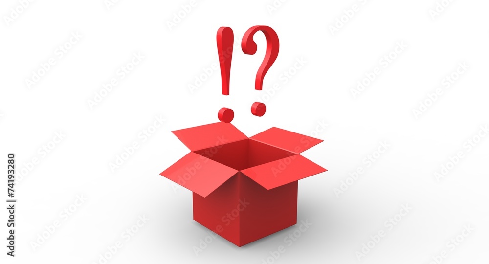 3D red exlamation question mark red open box 3D red exlamation question mark red open box