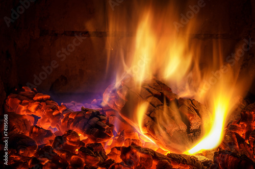 burning log in fireplace