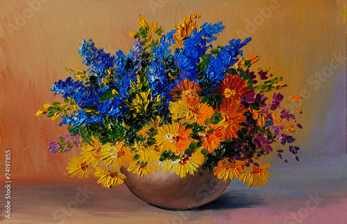 Oil Painting - colorful bouquet of yellow and blue flowers on th