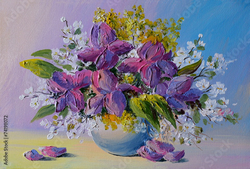 Oil Painting - colorful bouquet of flowers on the table in a vas