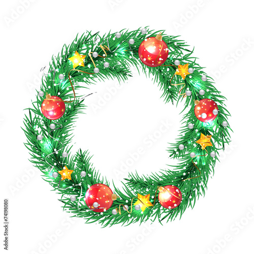 Green christmas tree wreath with Christmas decorations.